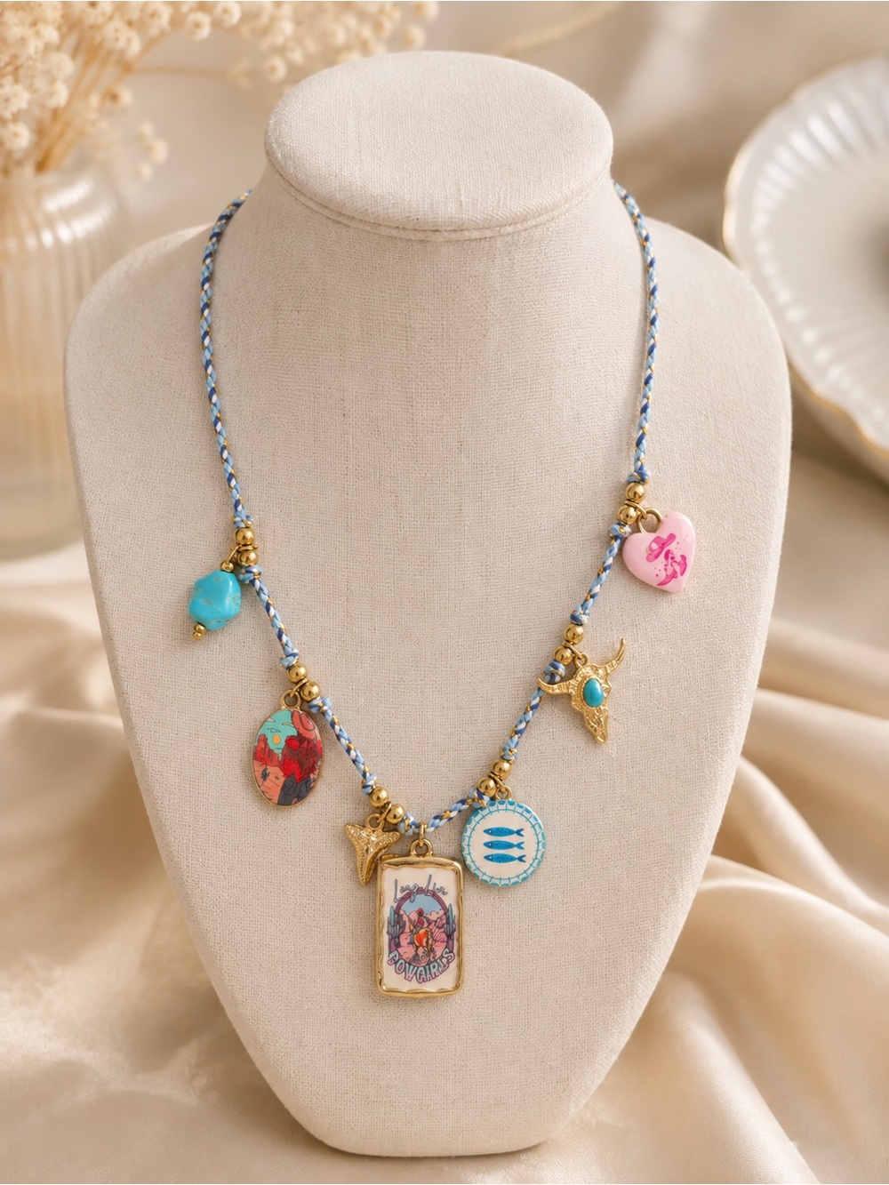 Boho Charm Multi-Color Pendant Necklace - Gold Accents